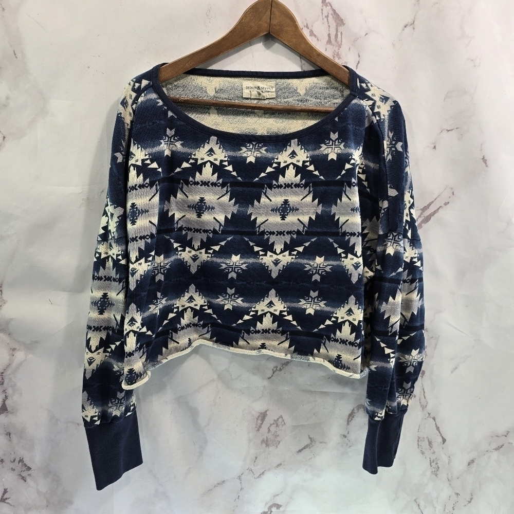Ralph Lauren Sweatshirt Women Large Blue Denim Supply Aztec Bohemian Terry Crop